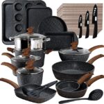 Conjunto de panelas e assadeiras de indução de cozinha com 30 peças de panelas e frigideiras antiaderentes de granito preto